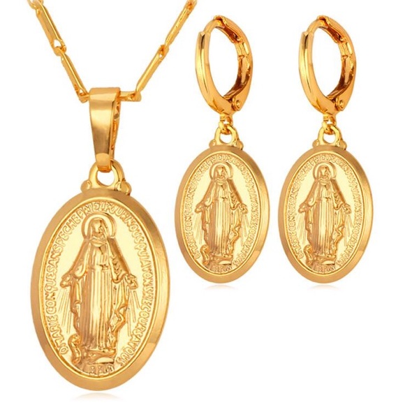 18k gold plated Virgin Mary necklace/ earrings set - Picture 1 of 8